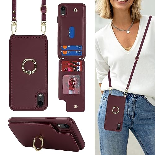 Image of for iPhone XR Case with Card Holder and Strap for Women,Crossbody Lanyard,RFID Blocking,Kickstand Ring Stand,Snap Clasp,Phone Wallet Cases 6.1 inch(Wine Red)
