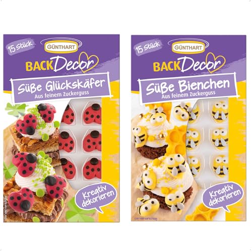 Günthart BackDecor mit 30 Zuckerfiguren, mit 15 Glückskäfer und 15 Bienchen als SET, 2er Pack (1 x 39 g)