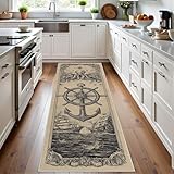 Meugesoi Retro Nautischer Segelboot Teppich Läufer Flur Ruder Anker Teppichläufer 60x150 cm Oktopus Küchenläufer Küche Teppiche rutschfest Waschbar Bettvorleger für Flur Waschküche