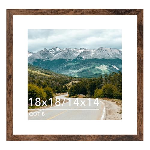 QOTIB Wood 18x18 Picture Frame with 14x14 Mat Deep Brown Display 14x14 with Mat or 18x18 without Mat Wood 18 by 18 Photo Frame 18 x 18 Frame for Wall Hanging Display Deep Brown