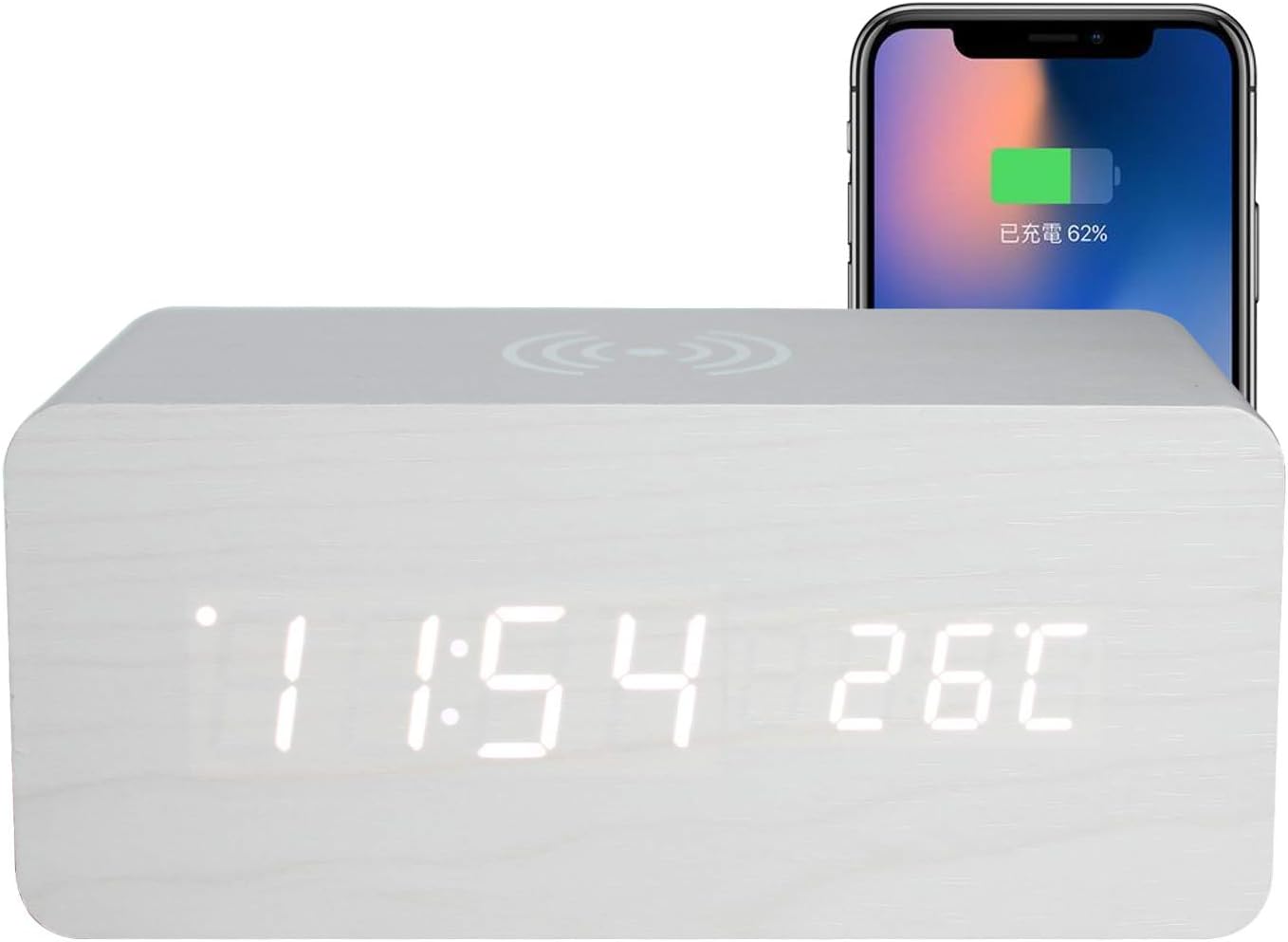 LED Wooden Alarm Clock with Qi Wireless Charging Pad for iPhone Sumsang, Digital Clock with Sound Control Function, Time Date, Temperature Display for Bedroom Office Home