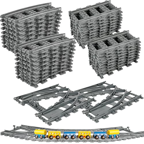 62 Pcs Classic City Train Tracks Set Include 36 Pcs Curved Train Track 2 Pcs Switch Train Tracks 24 Pcs Straight Train Track Compatible with Building Blocks