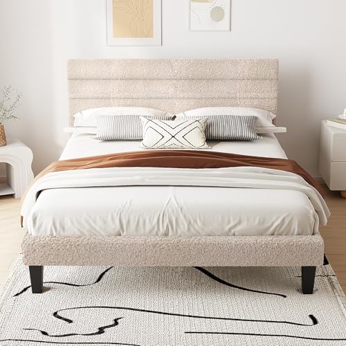 Bonnlo Polsterbett 160x200 cm mit verstellbarem Kopfteil, Bett 160x200 mit Lattenrost aus Holz, Bouclégarn(ohne Matratze)