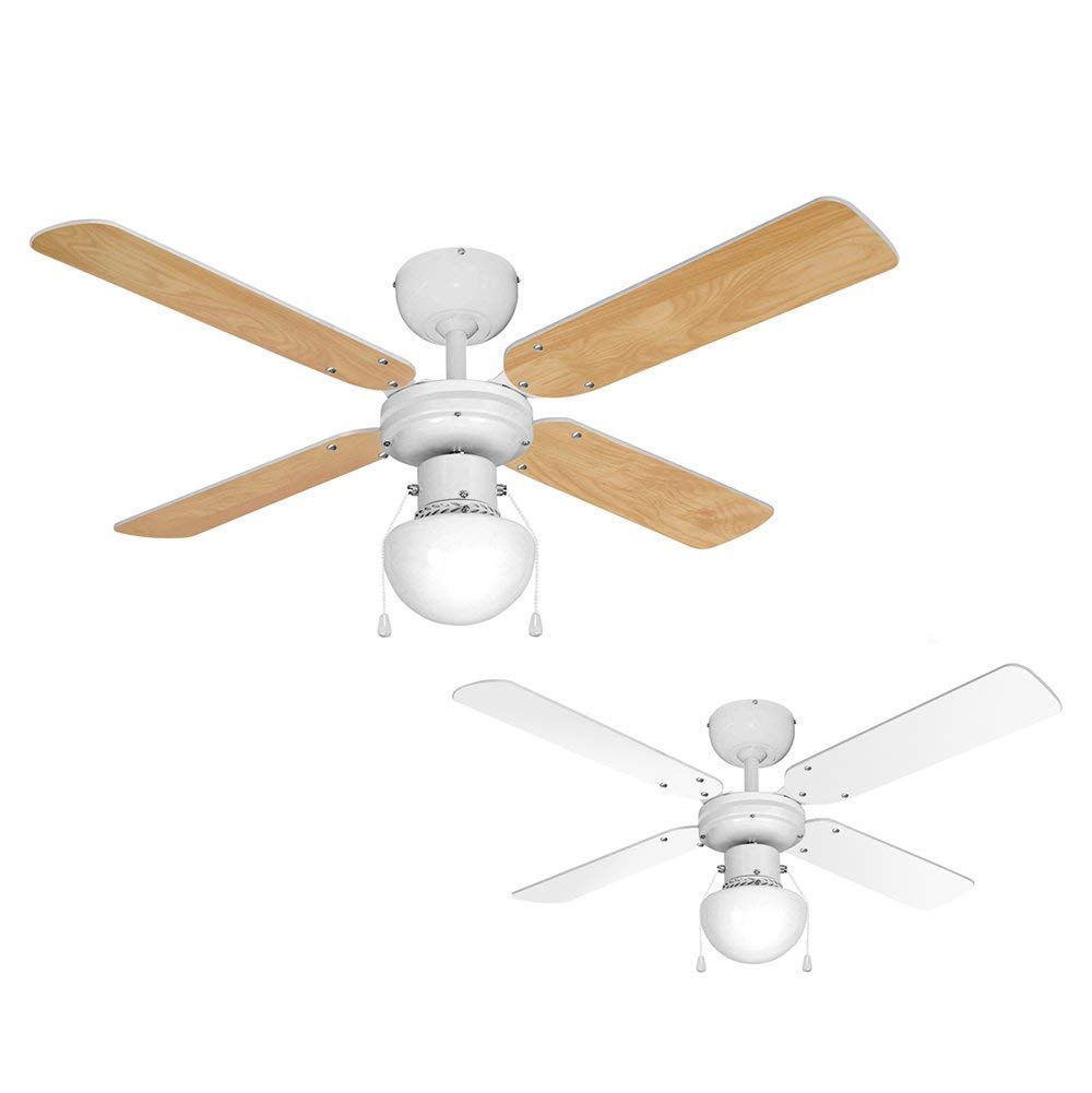 Minisun Nimrod White | White 42" Modern Ceiling Fan With Light And Beech/White Reversible Blades | Led Bulbs, Home Décor & Improvement Essential | Includes 4W Led Bulb | Mains Wired