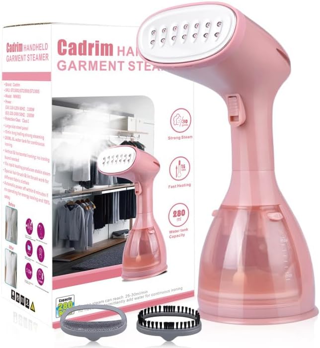 Cadrim Clothes Steamer, Handheld Garment Steamer 1500W 280ml Travel Steam Vertical Strong Steam Iron Auto Cut-Off Powerful For Home, Office & Travel (Pink)