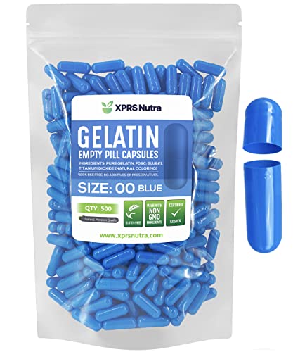 Image of XPRS Nutra Size 00 Empty Capsules - 500 Count Empty Gelatin Capsules - Pills DIY Capsule Filling - Fillable Pill Gel Caps for Do-It-Yourself Supplements (Blue)