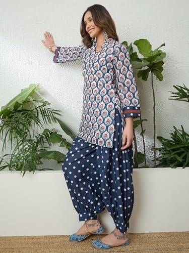 Image of EthnicJunction Women's Linen Floral Print Summer Wear Straight Short Kurti with Afghani Pant Set | Co Ord Set for Women Stylish | Fusion wear Women