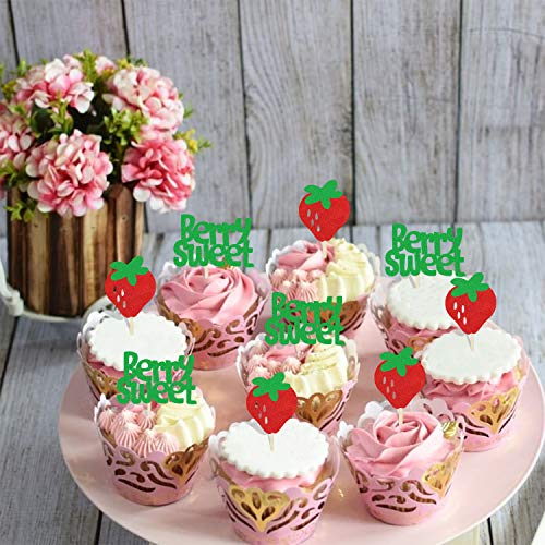 Set Of 24 Glitter Strawberry Cupcake Topper For Berry Rush Strawberry Theme Kids Birthday Hawaiian Tutti Frutti Party Baby Shower Wedding Bridal Shower Supplies #TOP5