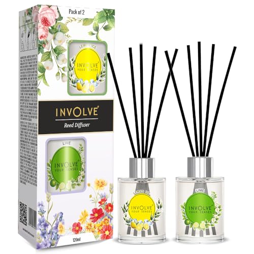 Image of Involve Pura Reed Diffuser Set- Lemon Ice & Lime - 120 ml | Oil Diffuser with Free 10 Reed Sticks Room Freshener for Home Bedroom, Office | Gifts Set (Pack of 2) | New Home Gifts