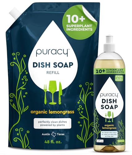 Image of Puracy Natural Dish Soap Refill - Skin-Softening Plant-Based Liquid Dishwashing Detergent Soap, Clean-Rinsing Water-Sheeting Formula (Organic Lemongrass, 16+48 fl oz)