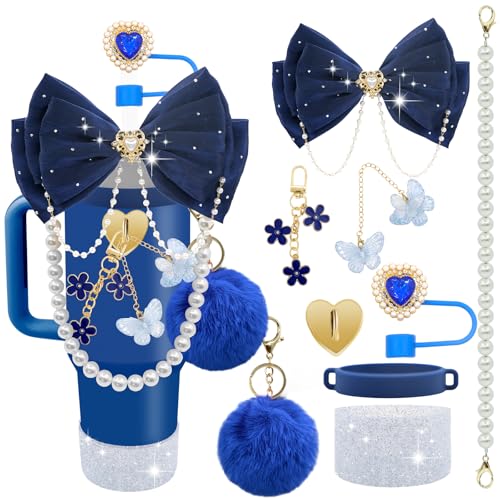 LBU Bling Stanley Cup Accessories for 40/30/20 oz Tumbler with Handle Including Glitter Bow Straw Topper Heart Straw Cover Pearl Water Bottle Handle Strap Boot Pom-Pom Keychain Charms(Navy Blue)