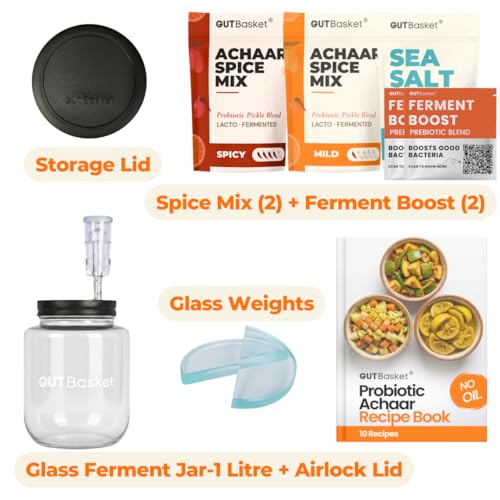 Image of Gutbasket Probiotic Achaar Making Kit 1 Litre | Zero Oil, Live Cultures in 4-5 Days | 1L Glass Fermentation Jar with Airlock | 10 Achaar Recipes Inside | Beginner Friendly