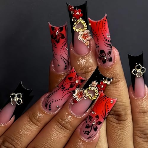 IMRAIN Press on Nails Long Square Fake Nails Black Orange Gradient French Nail Tips with Flower Rhinestone Designs Glossy Acrylic False Nails Full Cover Handmade DIY Glue on Nails