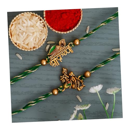 Green & Golden Set of 2 Shri Krishna and Radha Krishna Playing Flute Designer Religious Rakhis with Roli Chawal Pack - Rakhi for Brother, Bhaiya, Bhai