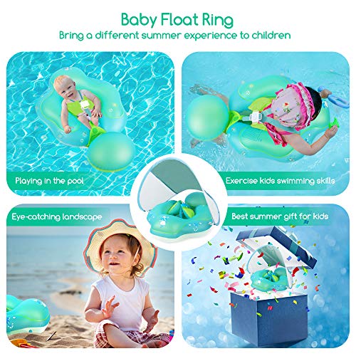 Relaxing Baby Swimming Float Ring with Removable Sun Protection Canopy, Anti-Slip Crotch, Add Tail Chamber Never Flip Over Baby Floats for Pool Accessory Air Pump and 2 Pool Toys for Toddler 3 M-6 Yrs