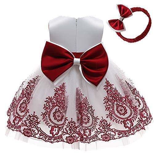 Baby Girls Easter Lace Dresses Toddler Tulle Ruffles Christmas Formal Dress With Headwear(Burgundy+White,60) #TOP6