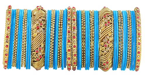 Image of NMII Metal with Zircon Gemstone and Beads Studded Ball Chain Linked Glossy Finished Velvet Bangles Chuda set for Women and Girls