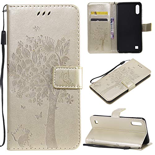 Fatcatparadise Cover per Samsung Galaxy A10/M10, Custodia Samsung A10/M10, Custodia Portafoglio a Libro in Pelle Flip Cover e TPU Silicone con Funzione Supporto Chiusura Magnetica (Oro)