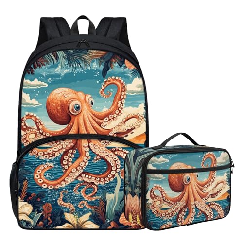 Modysero Personalized Boys Girls Backpack Set 2 Piece Octopus School Backpack Set for Girls Boys Bookbag with Lunch Bag Novelty Lightweight 17 Inch Kids Bags Set