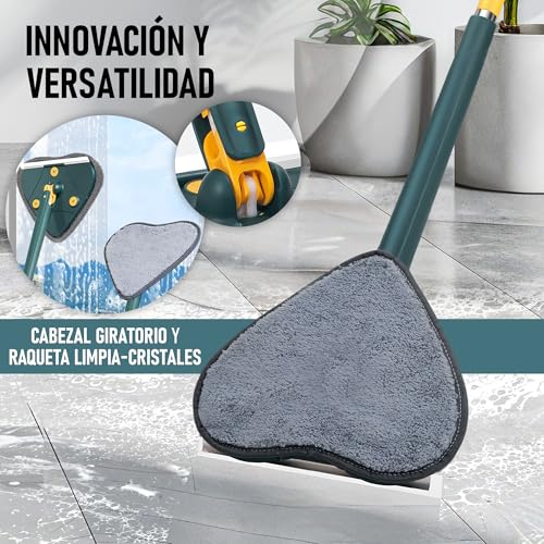 Bione Dreieckiger Wischmopp mit 6 Wischmopp und Rakel, selbstwringender, dreieckiger Mop für die Reinigung von Fliesen und Wänden, 360 Grad drehbar, dreieckiger Mopp