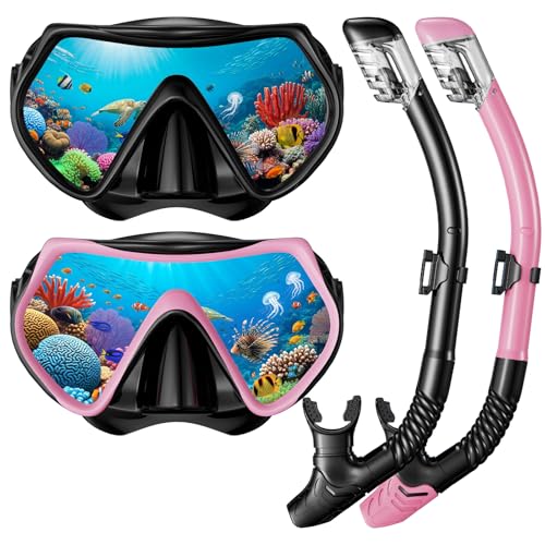 Snorkeling Gear for Adults Men Women, Dry-Top Snorkel Set Scuba Diving Mask, 180° Panoramic Wide View, Professional Breathing Freely Snorkel Goggles Kit with Nose Cover for Snorkeling Swimming, Travel