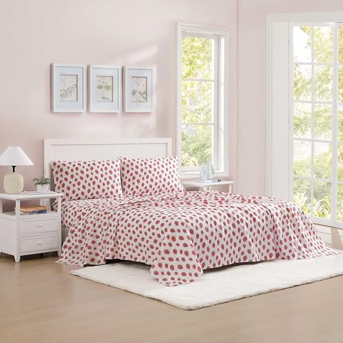 Image of Poppy & Fritz - Full Size Sheet Set, 100% Long-Staple Percale Cotton Bedding, Crisp & Cool, Deep Pockets, Bed Sheets with Matching Fitted Sheet & Pillowcases (Strawberry Picnic Pink)