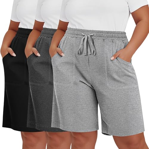 Riyiper 3 Pack Women's Plus Size Bermuda Shorts, Drawstring Elastic High Waist Loose Fit Casual Athletic Bottoms with Pockets
