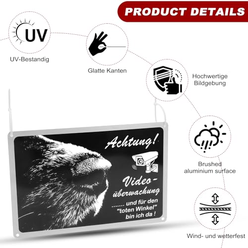 1 Stück AchtungHund Schild Videoüberwachung - Warnschild für Privatgrundstück, Zaun, Wand, Tür - Kamera Schild Überwachung mit Hund Warnung aus Aluminium, 30x20cm, Vorgebohrte Löcher