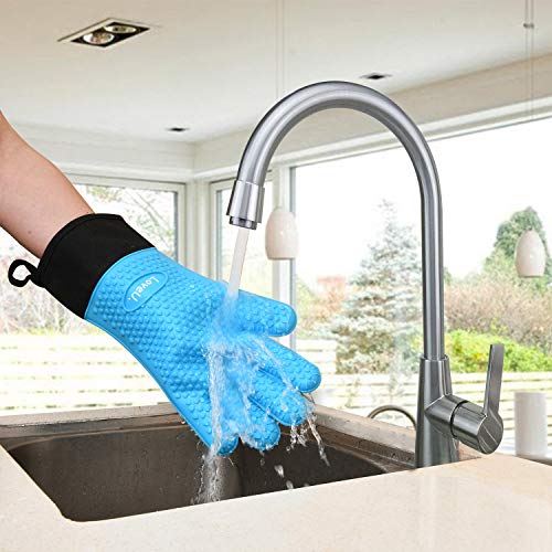 Image of Kitchen Oven Gloves - Silicone and Cotton Double-Layer Heat Resistant Oven Mitts /BBQ Gloves /Grill Gloves - Perfect for Baking and Grilling (XL-XXXL, Blue)