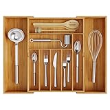 BAMEOS Utensil Drawer Organizer, Cutlery Tray Desk Drawer Organizer Silverware Holder Kitchen Knives Tray Drawer Organizer, 100% Pure Bamboo Expandable Adjustable Cutlery