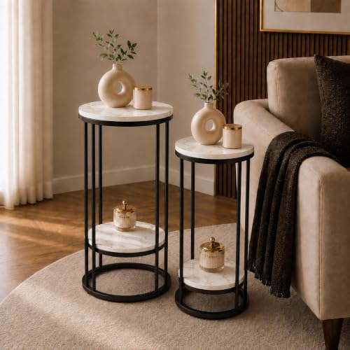 Image of Plant Stand Indoor Outdoor Metal, 2-Tier Modern Plant Shelf, Corner Flower Pot Holder, Plant Stand Table for Living Room Balcony Patio Garden Entryway Set Of 2 (Black & White)