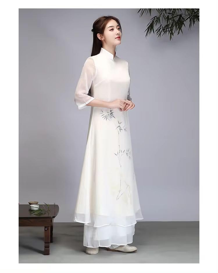 Robe bouton imprimé art chinois rétro coupe Zen printanière - 4