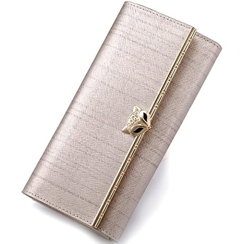 Leather Wallets for Women, Genuine Leather Gift Box Packing Ladies Purse with Zipper Coin Pocket Women's Trifold Wallets Credit Card Holders Womens Clutch Wallet Gift for Birthday Christmas (Gold) Cover