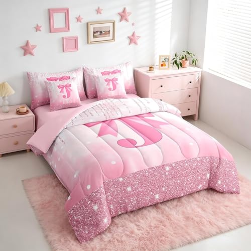 Image of Feelyou Kids Pink Bowknot Bed in A Bag Queen Size, Personalized Initial J Comforter Set with Sheets Princess Glitter 7 Pieces Bedding Set Boys Girls Bow Alphabet Teens Bed Set Bedroom Decor 7Pcs