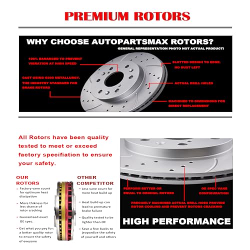 Image of Front (12.64 inch, 321mm) and Rear Drilled and Slotted Rotors Ceramic Brake Pads Replacement for 2010-2017 GMC Terrain 2010-2017 CHEVY Equinox