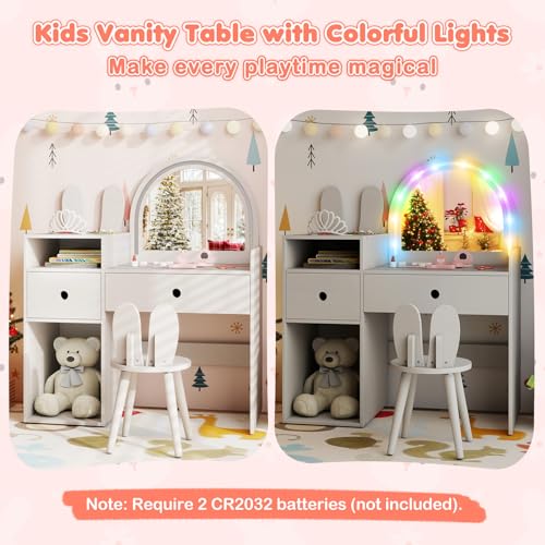 Image of HONEY JOY Kids Vanity with Lights, Rabbit Themed Princess Makeup Dressing Desk, Storage Cabinet, Wooden Pretend Play Toddler Vanity Table & Chair Set with Lighted Mirror for Little Girls (White)