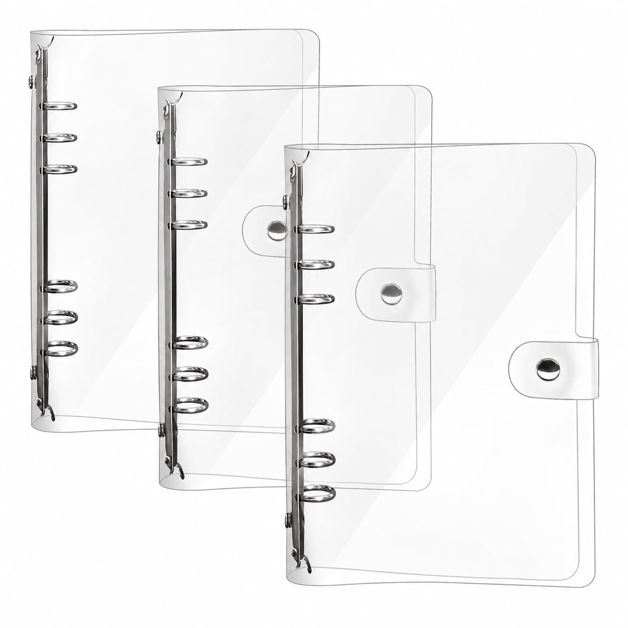 3 Pack A6 Clear Binder Cover, Soft PVC Ring Binder, Refillable Paper Notebook Folder Planner with Snap Button Closure, 6 Hole Binder Folder for Planner, Office, School, Travel, Budget Organizing