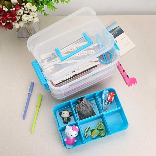 Image of PAXCOO 3 Layer Stack & Carry Box, Plastic Multipurpose Portable Storage Container Box Handled Organizer Storage Box with Removable Tray for Organizing Sewing, Art Craft, Supplies (Multicolor)