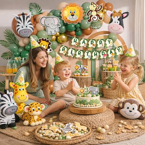 Image of Rozi Decoration Jungle Theme Birthday Decoration Kit Pack of 61 Pcs with Happy Birthday Paper Banner, Animal Face Foil Balloons, Latex Balloons, Animal Cutouts, Cake Topper and Props for Kids Birthday