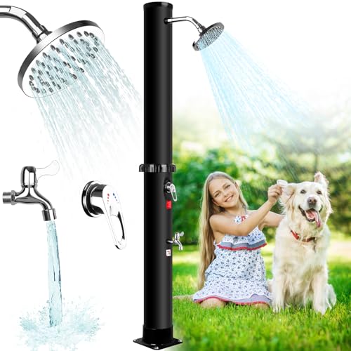 Qdreclod Ducha Solar 35 litros, Caliente y Frío Regulable, Máx. 60 °C, Sin Electricidad, Ducha de Jardín con Rociador Giratorio, Grifo de pie y Conexión para Manguera (35L)