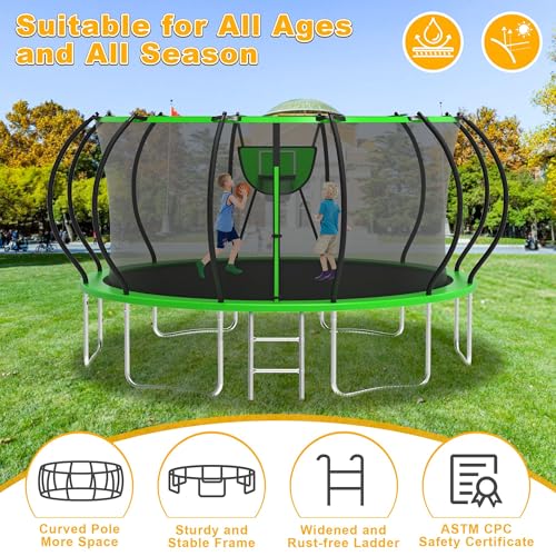 1500LBS Tranpoline Outdoor 8 10 12 14 16FT Tranpoline for Kids and Adults,【Easy to Install & Built to Last】 Recreational Tranpolines with Net, Light+Sprinkler, Basketball Hoop, ASTM Approved
