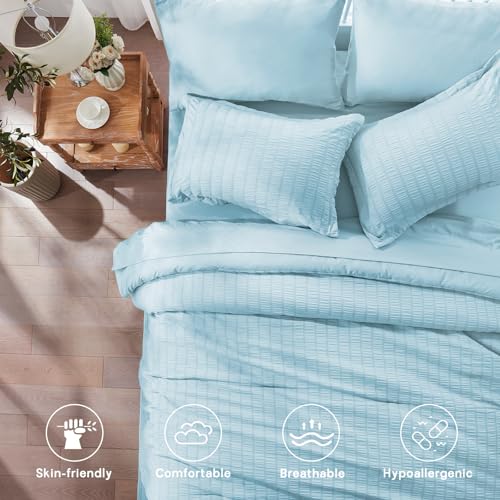 Image of Zzlpp Full Comforter Set 7 Pieces, Light Blue Seersucker Bed in a Bag with Comforter and Sheets, All Season Bedding Sets with 1 Comforter, 2 Pillow Shams, 2 Pillowcases, 1 Flat Sheet, 1 Fitted Sheet