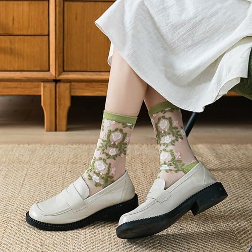 Image of DXYAKY Sheer Mesh Transparent Socks for Women Ultra-thin Lace Fishnet See Through Ankle Novelty Casual Floral Socks