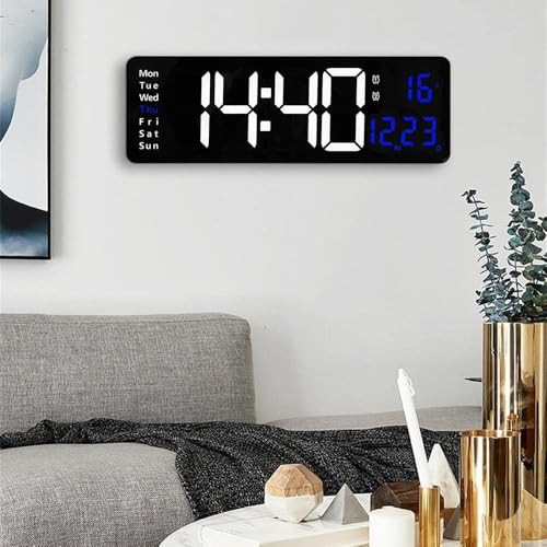 Image of 15-Inch Digital Wall Clock with Large LED Display - Remote Control, Auto-Dimming, Night Light, Date, Day, Temperature, DST Function - Ideal for Living Room, Bedroom (White & Blue)