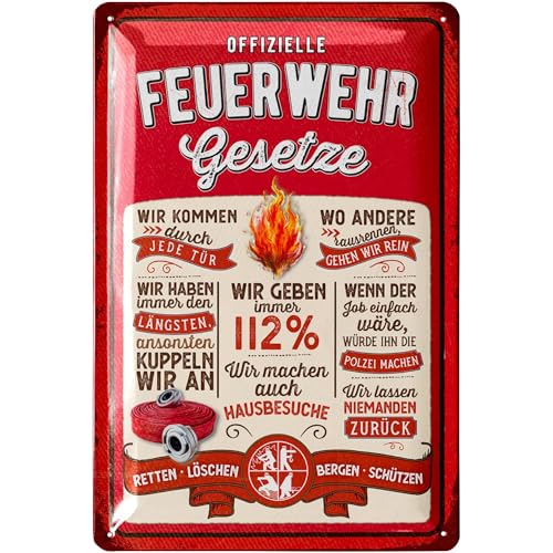 LANOLU Retro Blechschild Feuerwehrgesetze - Feuerwehrmann Geschenke für Männer, Geschenkideen für Männer, Feuerwehr Deko Schild - Metallschild mit Spruch in 20x30cm