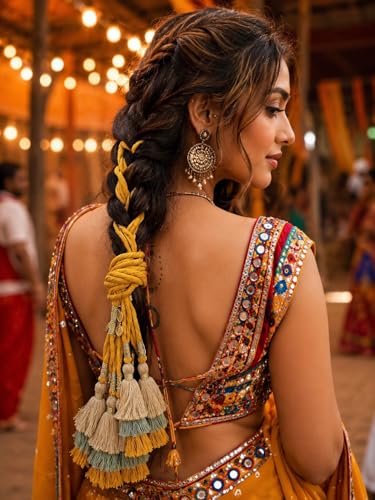 Image of Zippy Flora Handmade Boho Juhi Parandi (Mustard) | Traditional Indian Hair Accessory | Elegant Braided Paranda with Tassels | Ethnic Choti Hair Extension for Women & Girls