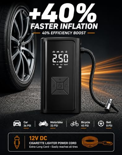 Image of LIVOWALNY Tyre Inflator for Car and Bike, Upto 150 PSI 12V DC Portable Air Compressor Pump with Digital LED Display, Emergency Light & 4 Intelligent Modes, Corded Electric Tyre Air Pump for Car