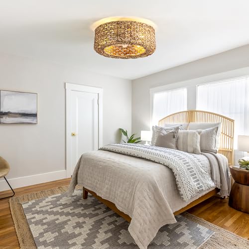 Jughtbo 0139-4H Handwoven Rattan Boho Ceiling Fans with Lights Remote Control Flush Mount Fandelier Low Profile Caged for Bedroom,4-Light,20" - Image 2