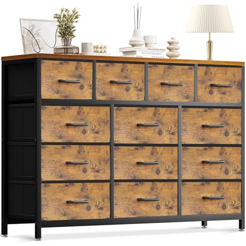 Coleshome Grande Comoda Dormitorio, Equipado con 13 Grandes Cajones de Tela, Cajones Vintage Combinados con un Marco de Acero Resistente, Ideal para Dormitorios y Salones, 140 x 30 x 101 cm