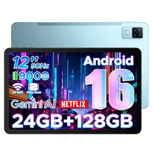 DOOGEE U12 Tablet 12 Pollici, Tablets Android 16, 90Hz 2000*1200 24GB RAM+128GB ROM/TF 2TB, Octa-Core PC, 5G WiFi/9000mAh/Gemini AI/Widevine L1/13MP+8MP/OTG/BT5/FACE ID/Doppi altoparlanti/3.5mm Jack